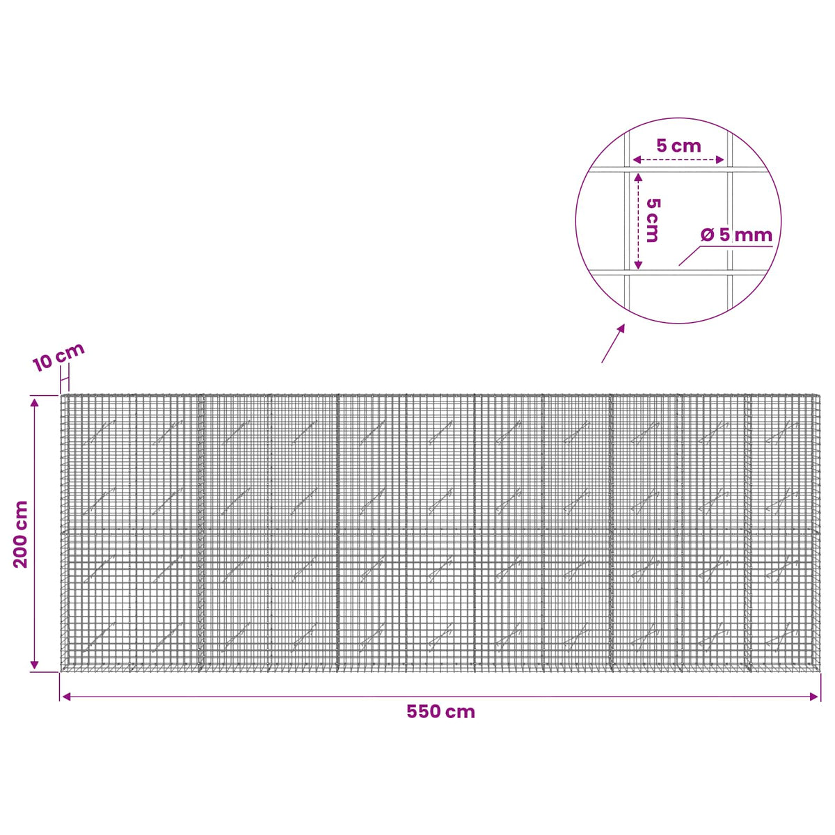 vidaXL Gabion z drutu 5 mm i siatką 5x5 cm 550x10x200 cm