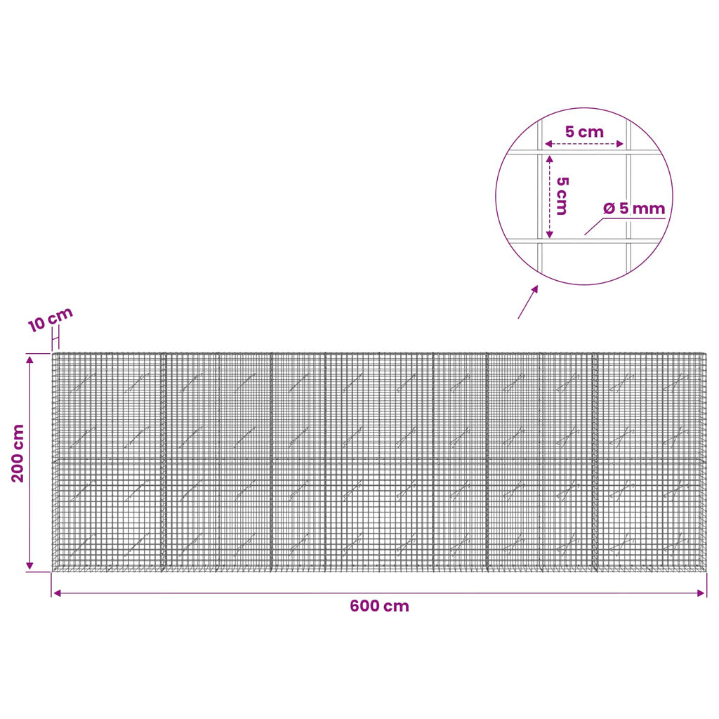 vidaXL Gabion z drutu 5 mm i siatką 5x5 cm 600x10x200 cm