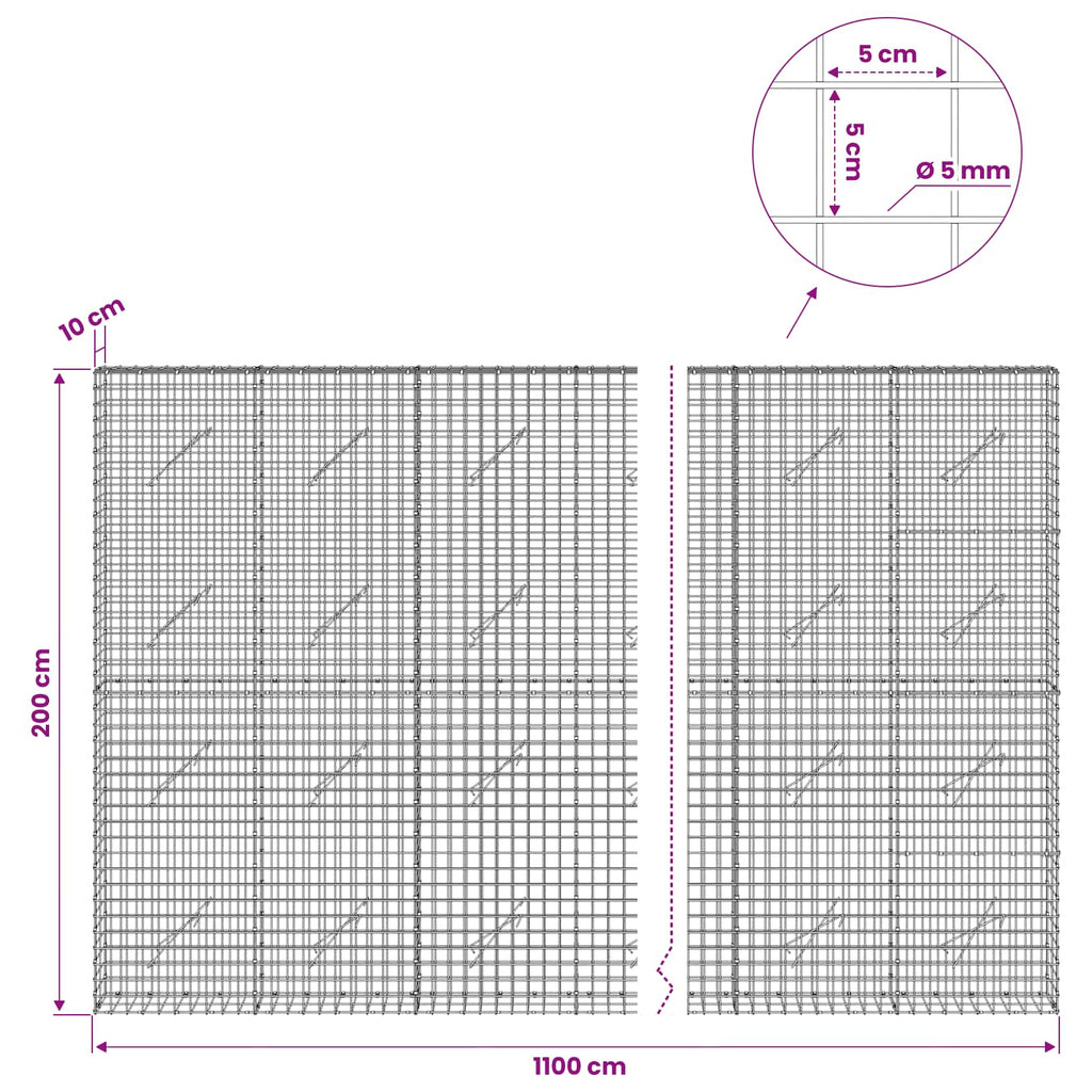 vidaXL Gabion z drutu 5 mm i siatką 5x5 cm 1100x10x200 cm