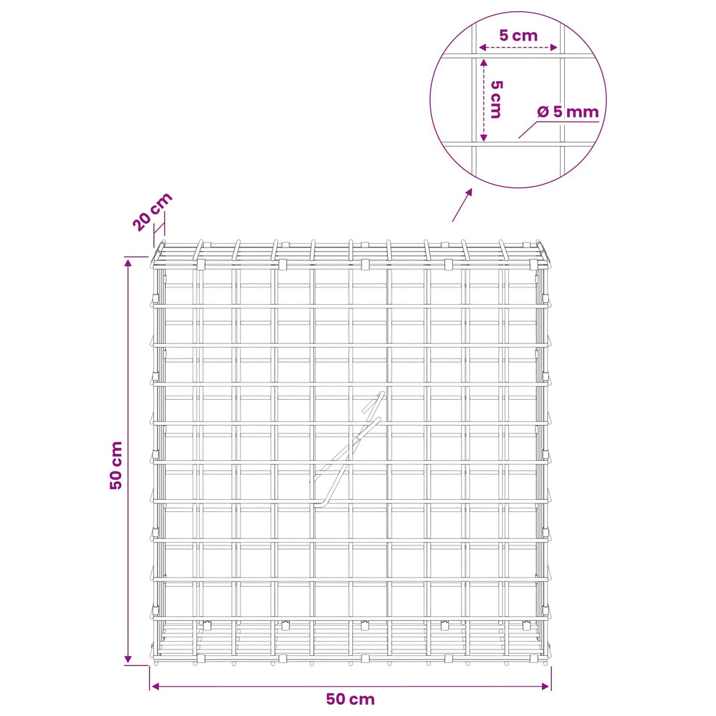 vidaXL Gabion z drutu 5 mm i siatką 5x5 cm 50x20x50 cm Stal ocynkowana