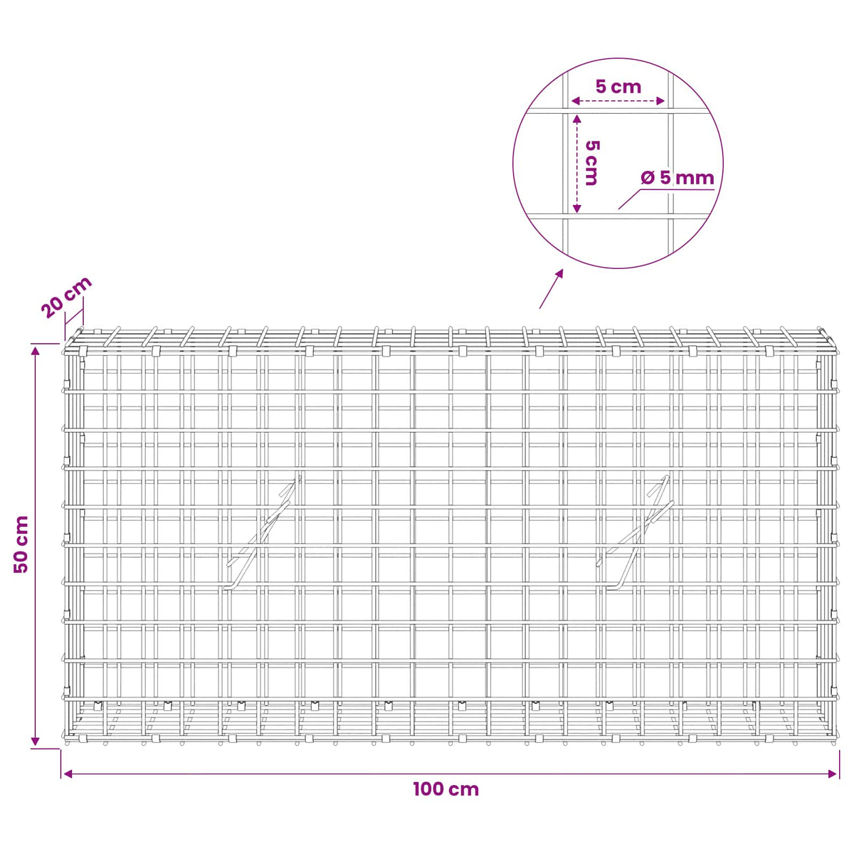 vidaXL Gabion z drutu 5 mm i siatką 5x5 cm 100x20x50 cm