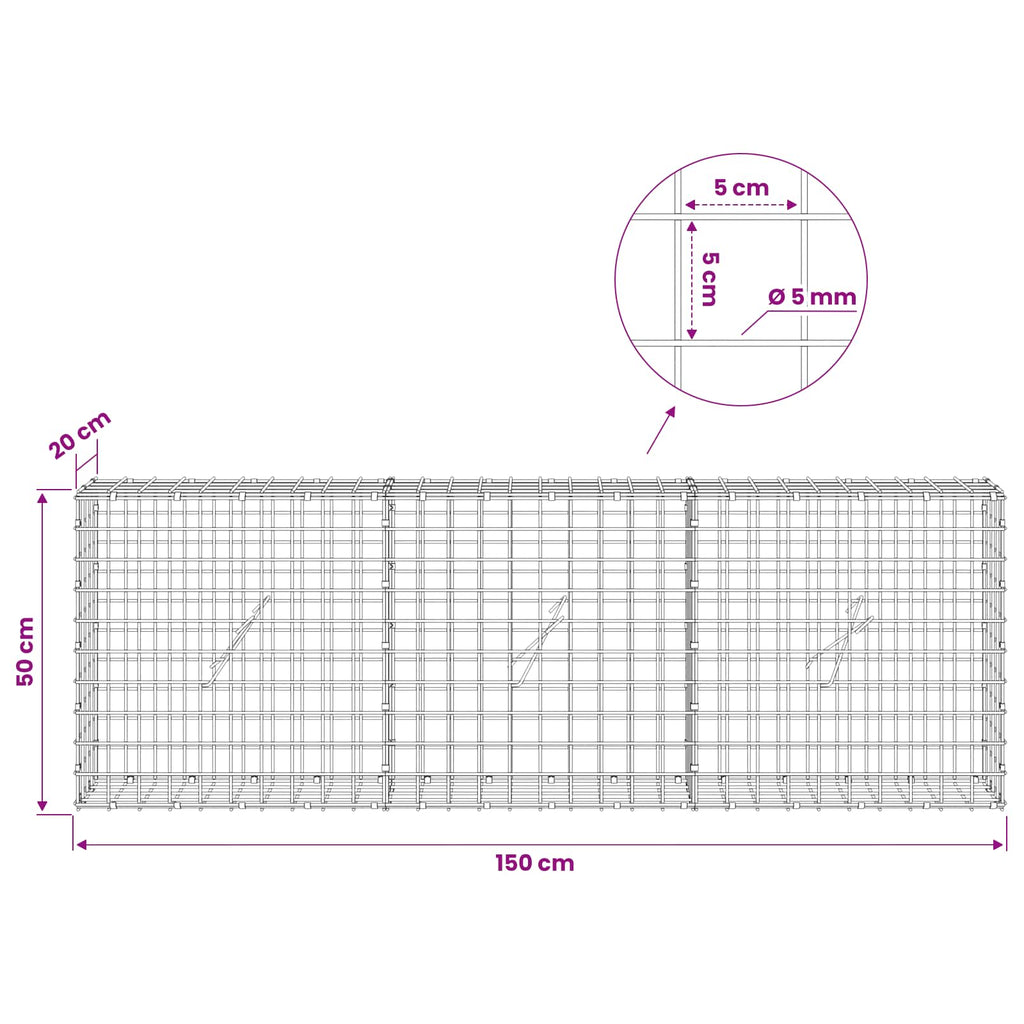 vidaXL Gabion z drutu 5 mm i siatką 5x5 cm 150x20x50 cm