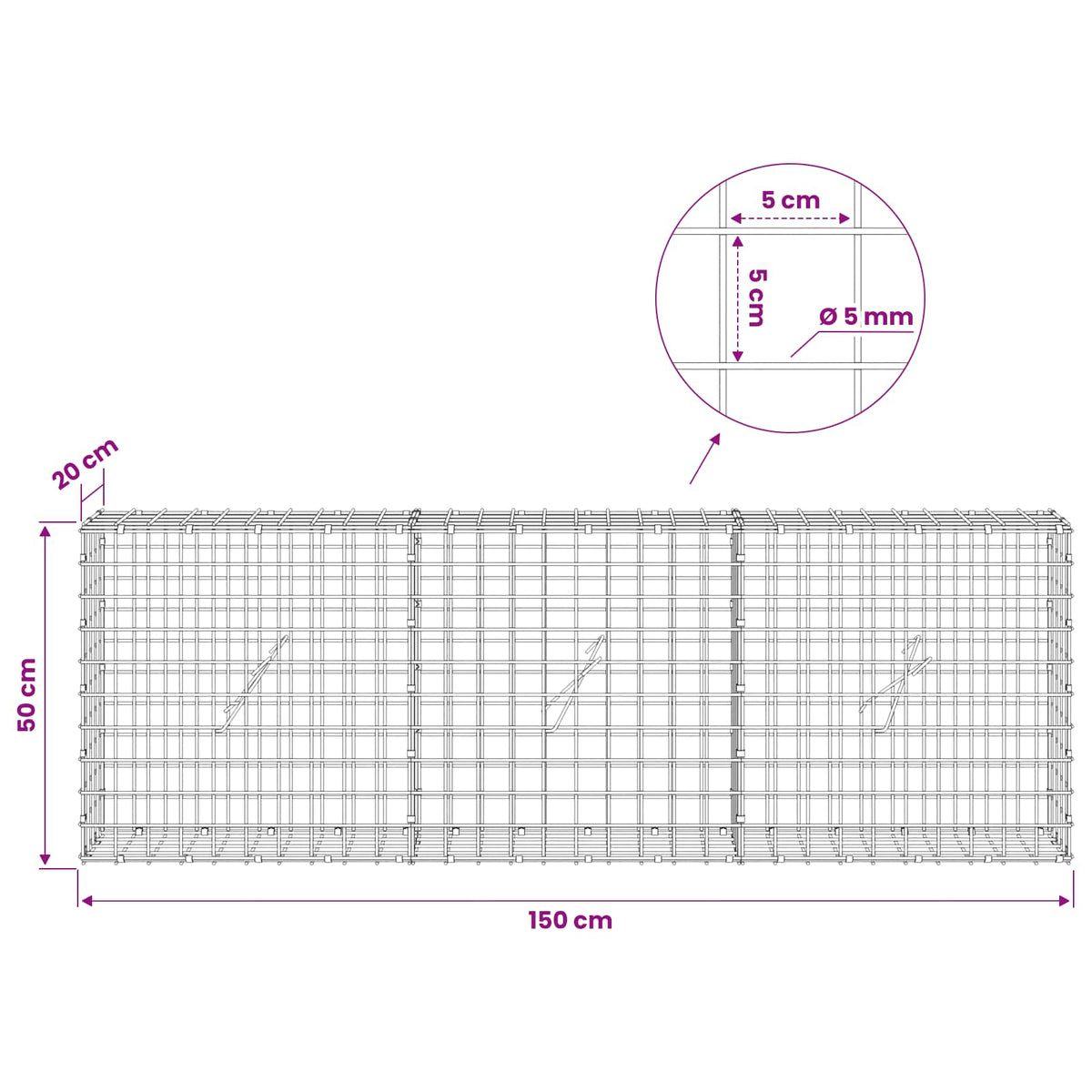 vidaXL Gabion z drutu 5 mm i siatką 5x5 cm 150x20x50 cm