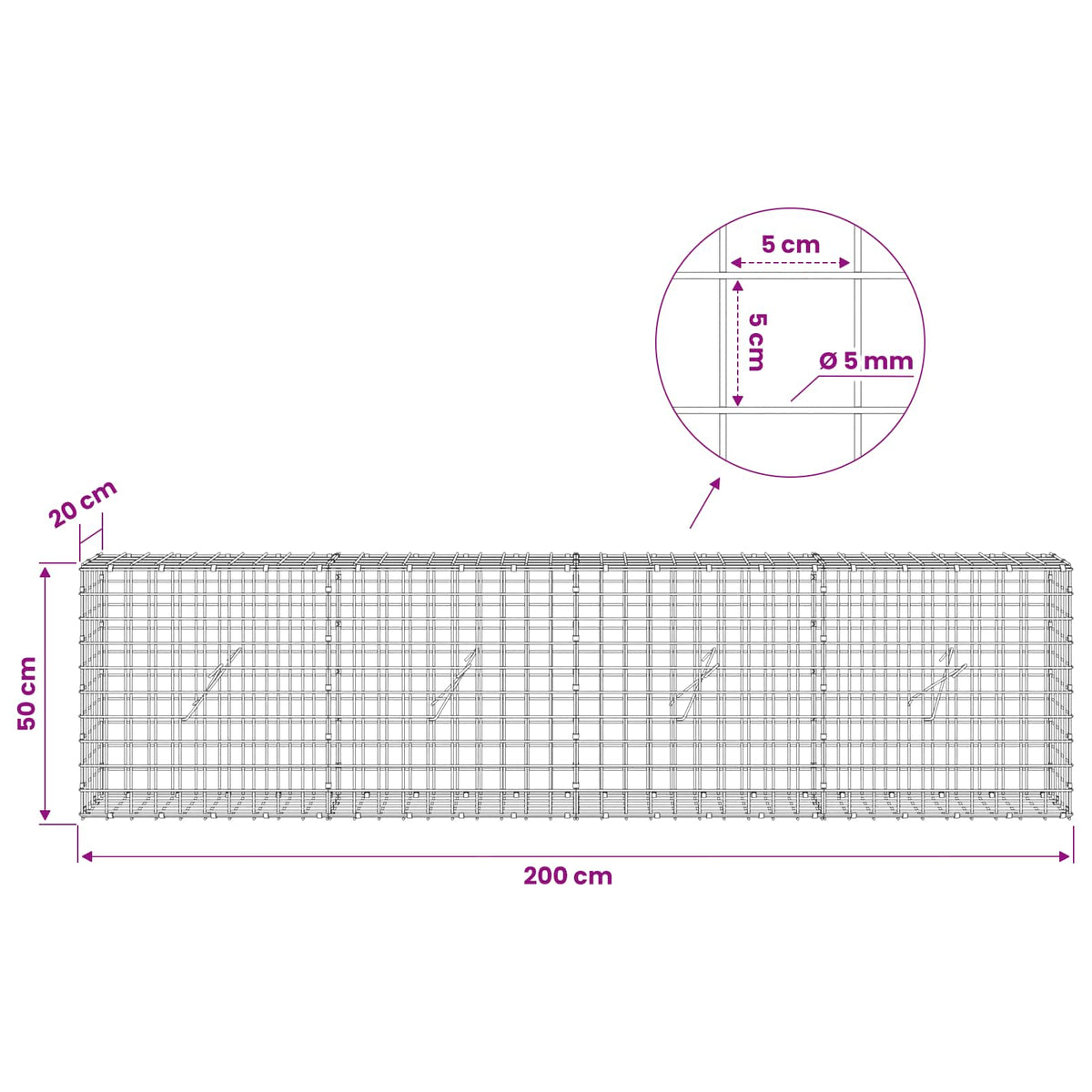 vidaXL Gabion z drutu 5 mm i siatką 5x5 cm 200x20x50 cm