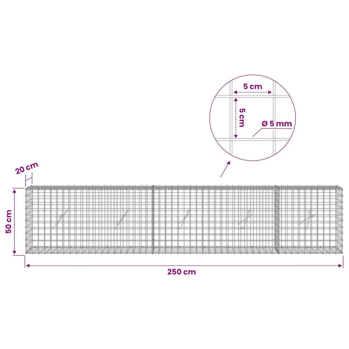 vidaXL Gabion z drutu 5 mm i siatką 5x5 cm 250x20x50 cm