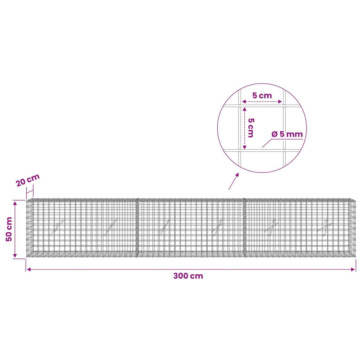 vidaXL Gabion z drutu 5 mm i siatką 5x5 cm 300x20x50 cm