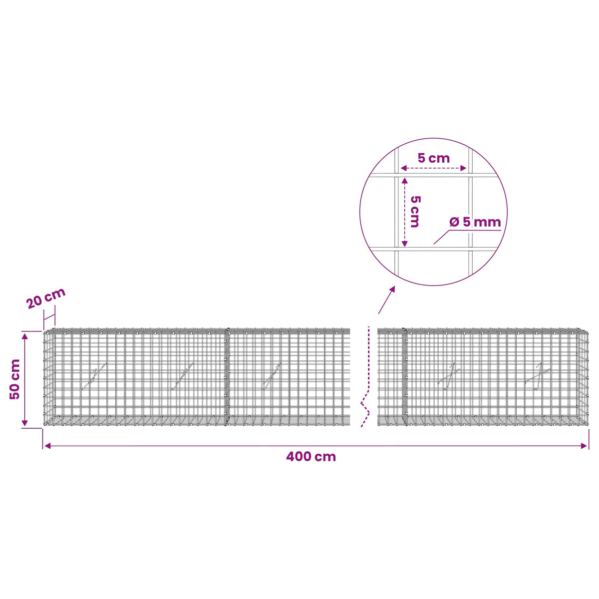 vidaXL Gabion z drutu 5 mm i siatką 5x5 cm 400x20x50 cm