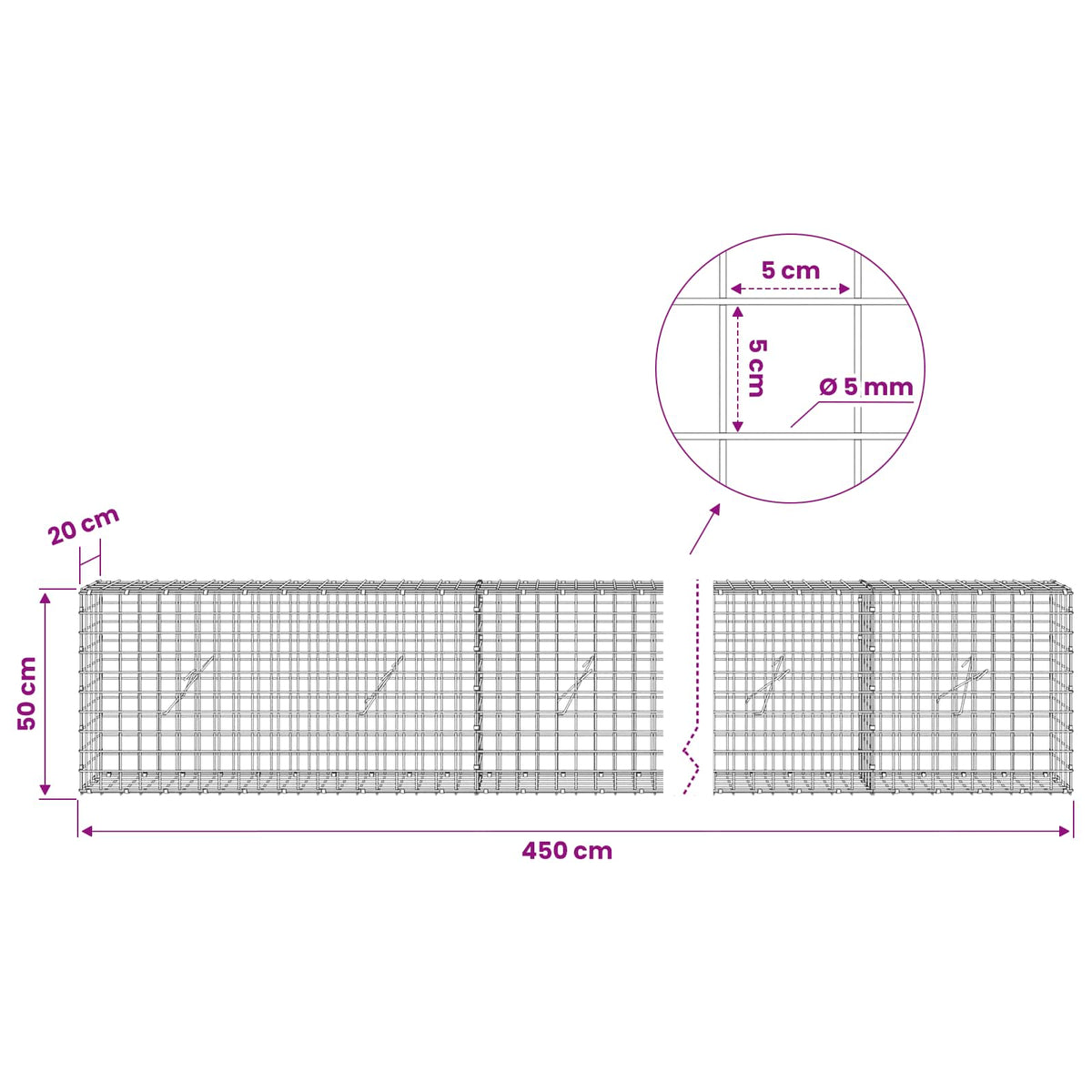 vidaXL Gabion z drutu 5 mm i siatką 5x5 cm 450x20x50 cm