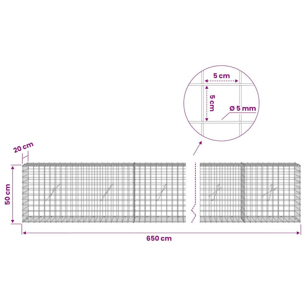 vidaXL Gabion z drutu 5 mm i siatką 5x5 cm 650x20x50 cm