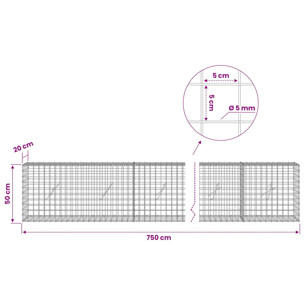 vidaXL Gabion z drutu 5 mm i siatką 5x5 cm 750x20x50 cm