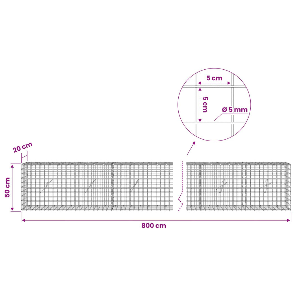 vidaXL Gabion z drutu 5 mm i siatką 5x5 cm 800x20x50 cm