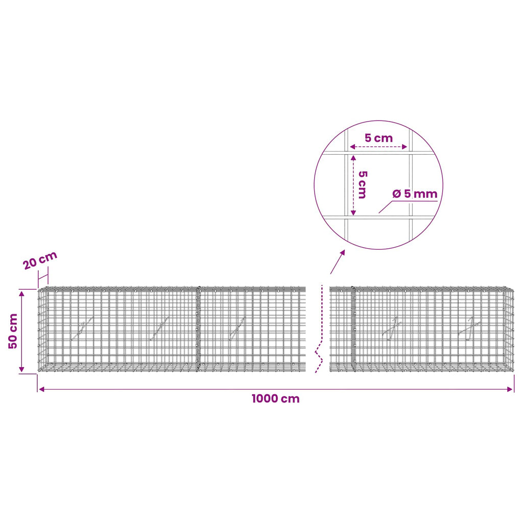 vidaXL Gabion z drutu 5 mm i siatką 5x5 cm 1000x20x50 cm