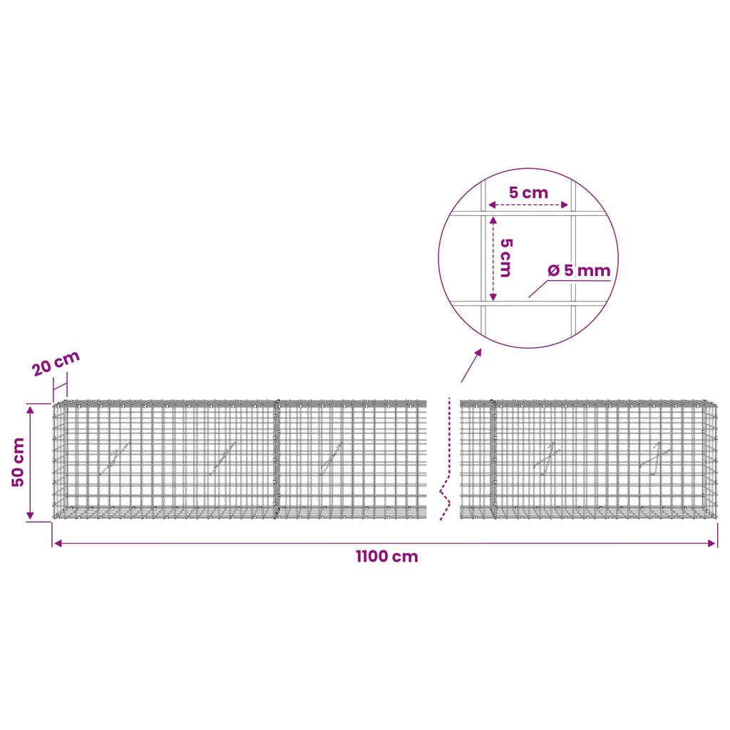 vidaXL Gabion z drutu 5 mm i siatką 5x5 cm 1100x20x50 cm
