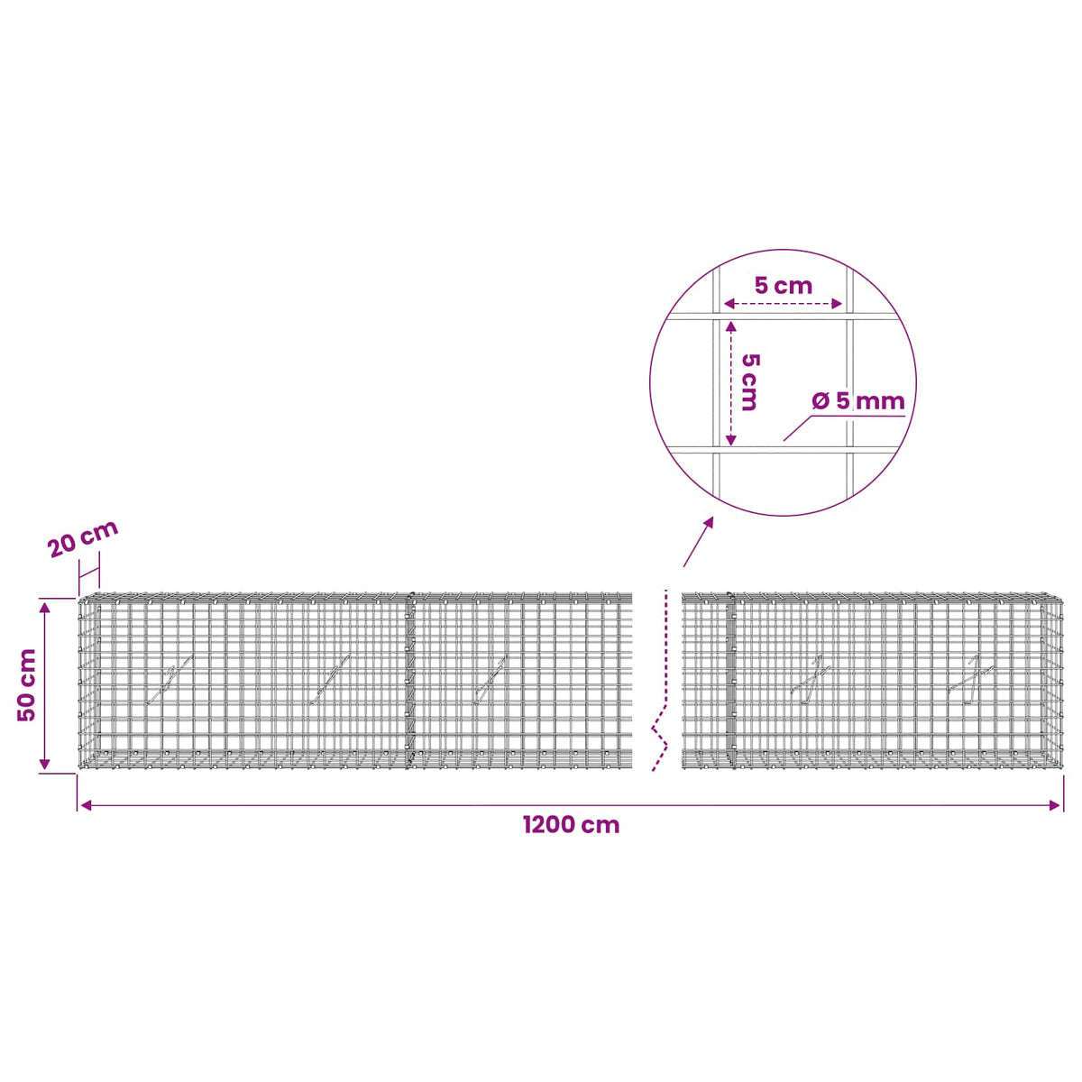 vidaXL Gabion z drutu 5 mm i siatką 5x5 cm 1200x20x50 cm