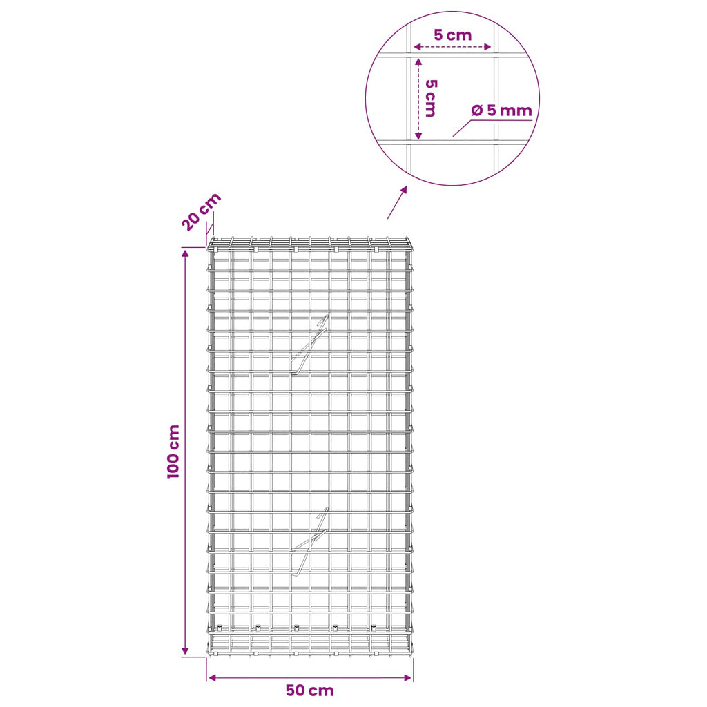 vidaXL Gabion z drutu 5 mm i siatką 5x5 cm 50x20x100 cm