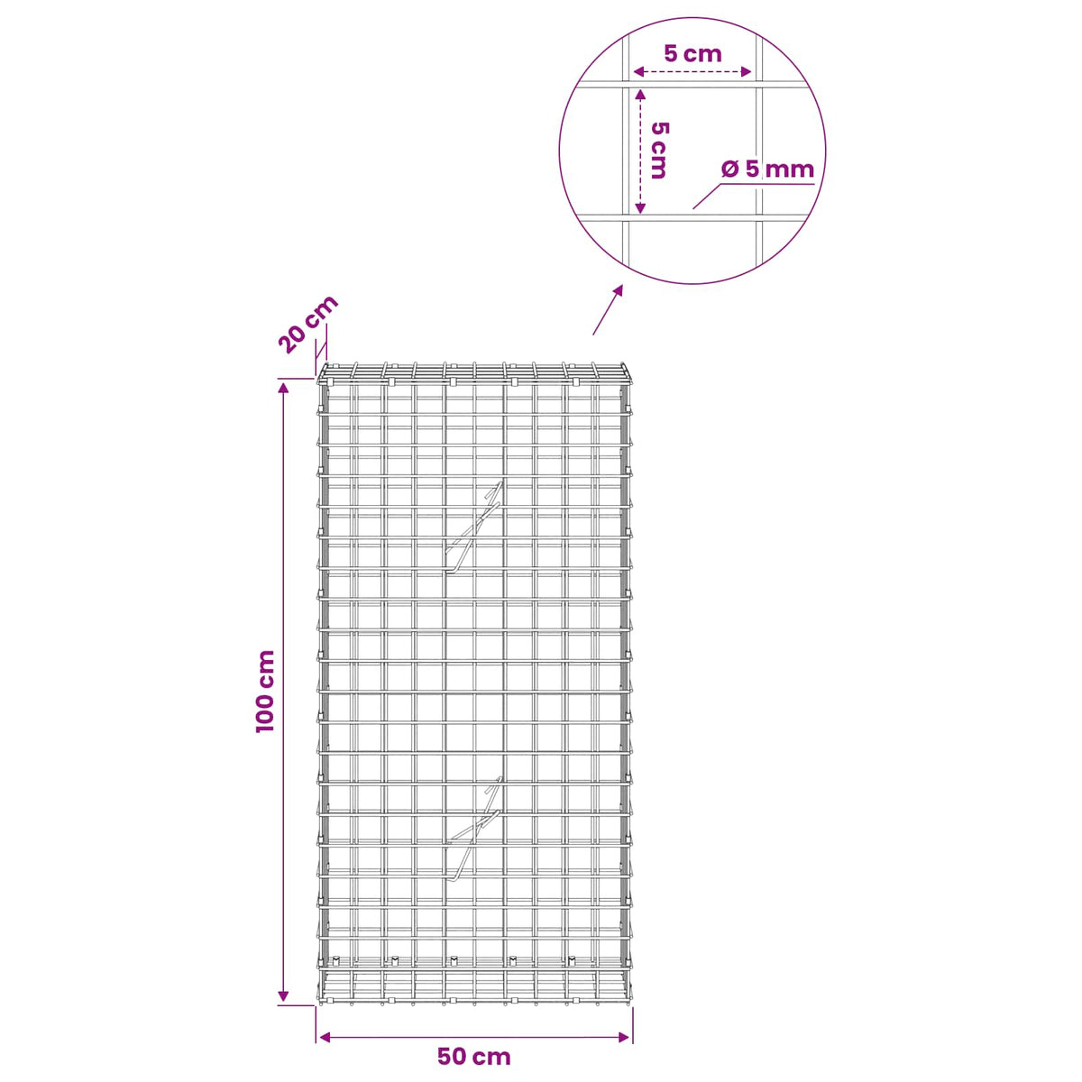 vidaXL Gabion z drutu 5 mm i siatką 5x5 cm 50x20x100 cm