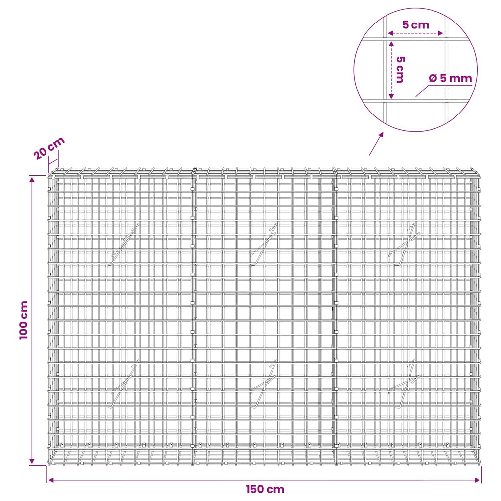 vidaXL Gabion z drutu 5 mm i siatką 5x5 cm 150x20x100 cm