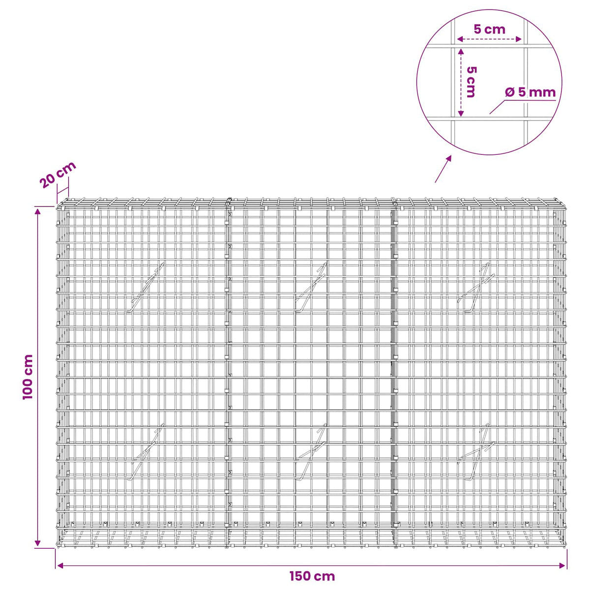 vidaXL Gabion z drutu 5 mm i siatką 5x5 cm 150x20x100 cm