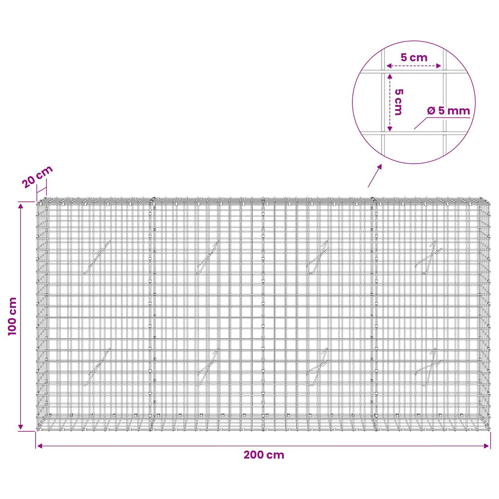 vidaXL Gabion z drutu 5 mm i siatką 5x5 cm 200x20x100 cm