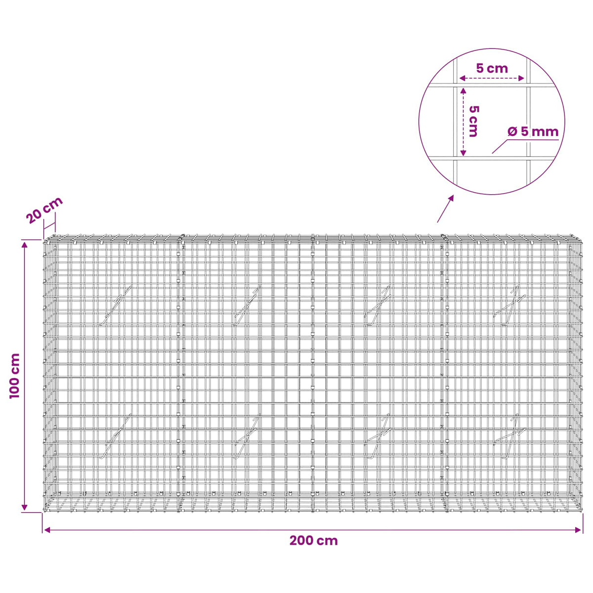 vidaXL Gabion z drutu 5 mm i siatką 5x5 cm 200x20x100 cm