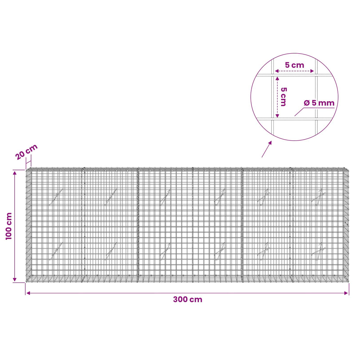 vidaXL Gabion z drutu 5 mm i siatką 5x5 cm 300x20x100 cm