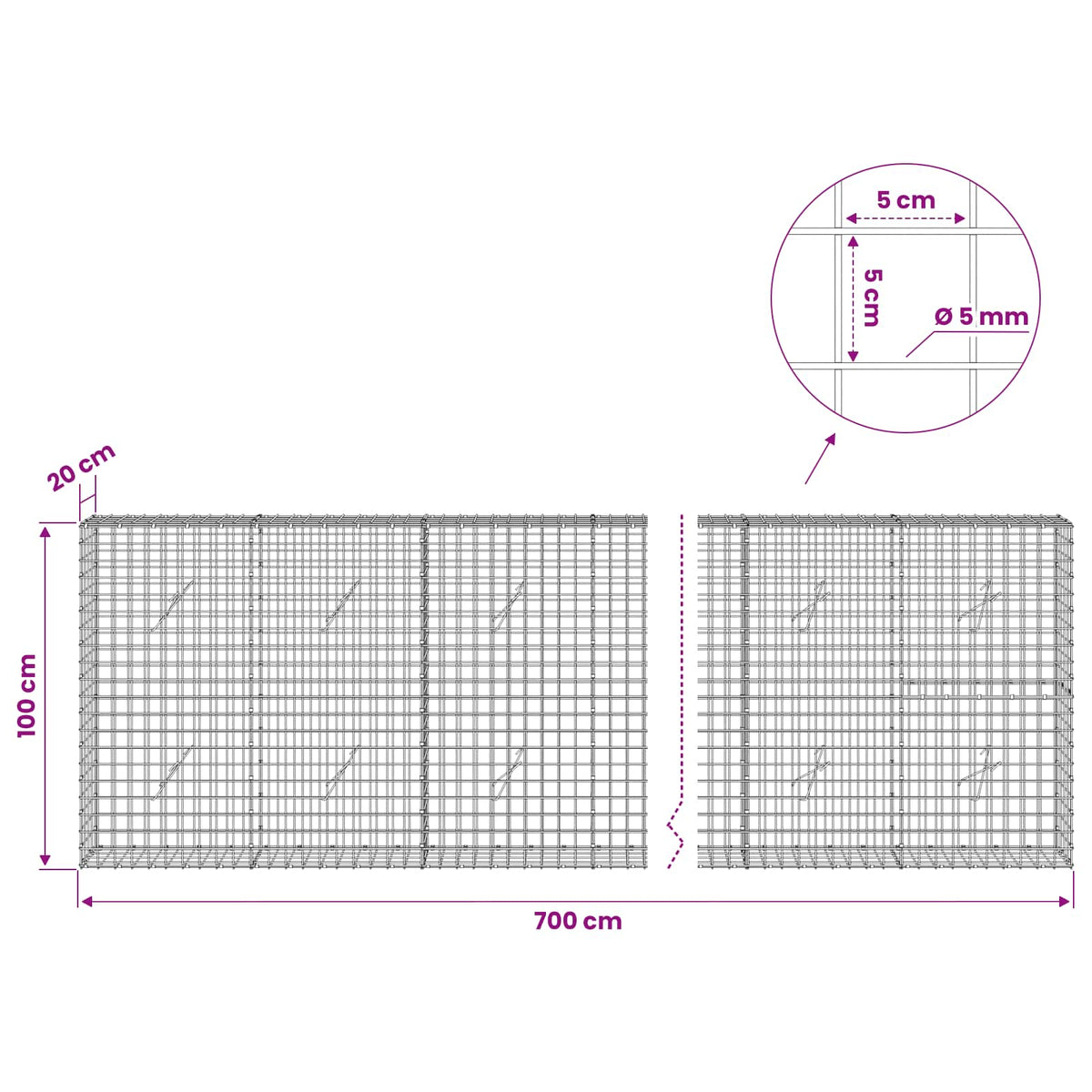 vidaXL Gabion z drutu 5 mm i siatką 5x5 cm 700x20x100 cm