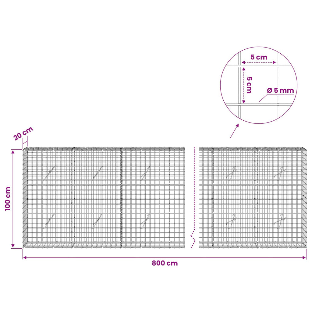 vidaXL Gabion z drutu 5 mm i siatką 5x5 cm 800x20x100 cm