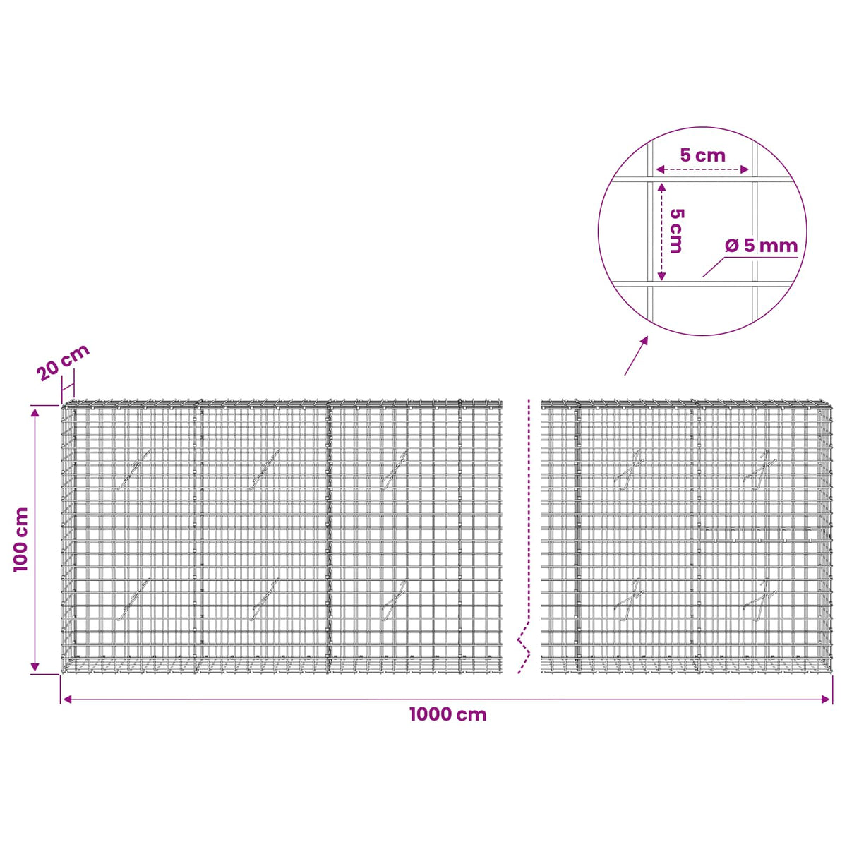 vidaXL Gabion z drutu 5 mm i siatką 5x5 cm 1000x20x100 cm