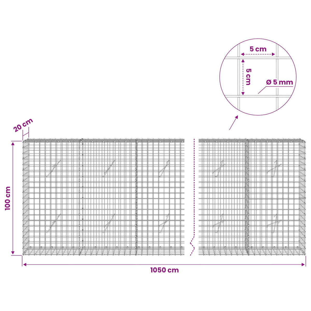 vidaXL Gabion z drutu 5 mm i siatką 5x5 cm 1050x20x100 cm