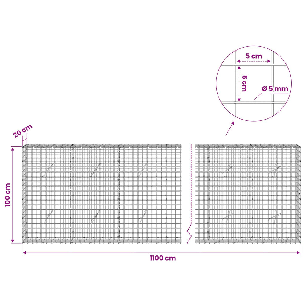vidaXL Gabion z drutu 5 mm i siatką 5x5 cm 1100x20x100 cm
