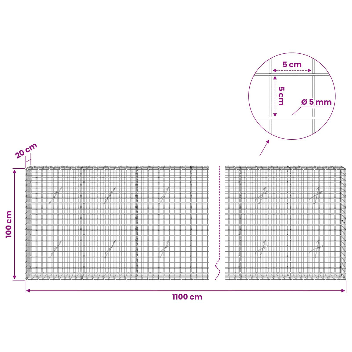 vidaXL Gabion z drutu 5 mm i siatką 5x5 cm 1100x20x100 cm