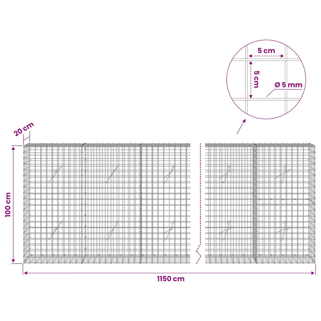 vidaXL Gabion z drutu 5 mm i siatką 5x5 cm 1150x20x100 cm