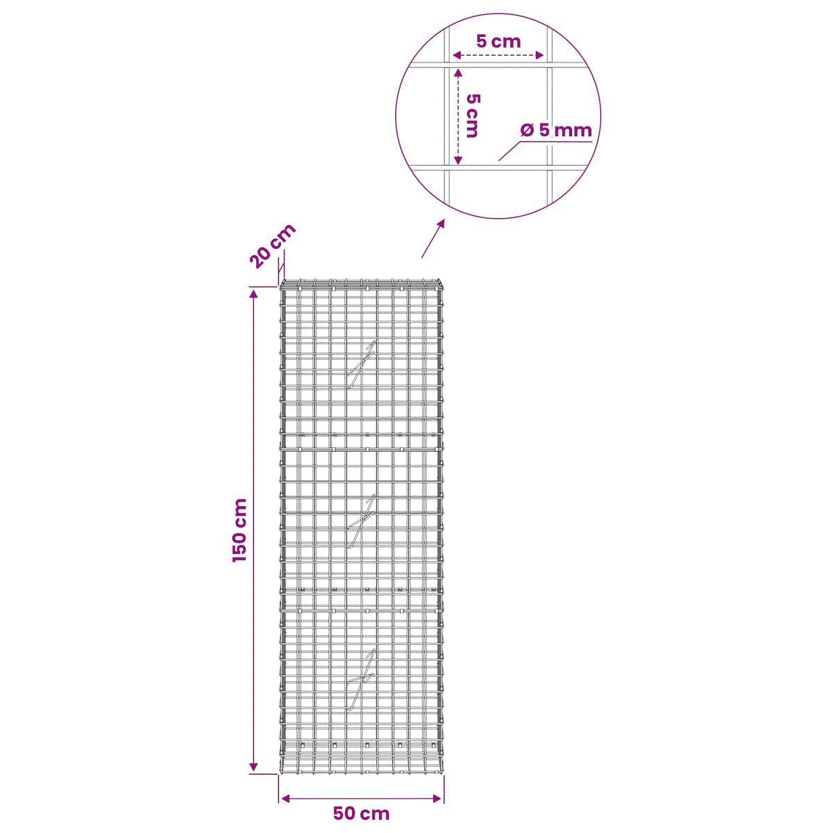 vidaXL Gabion z drutu 5 mm i siatką 5x5 cm 50x20x150 cm
