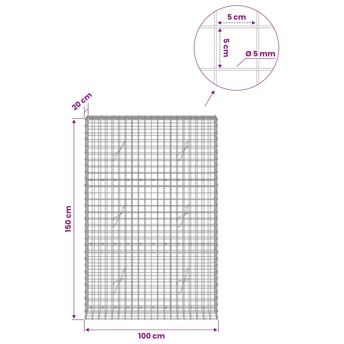 vidaXL Gabion z drutu 5 mm i siatką 5x5 cm 100x20x150 cm