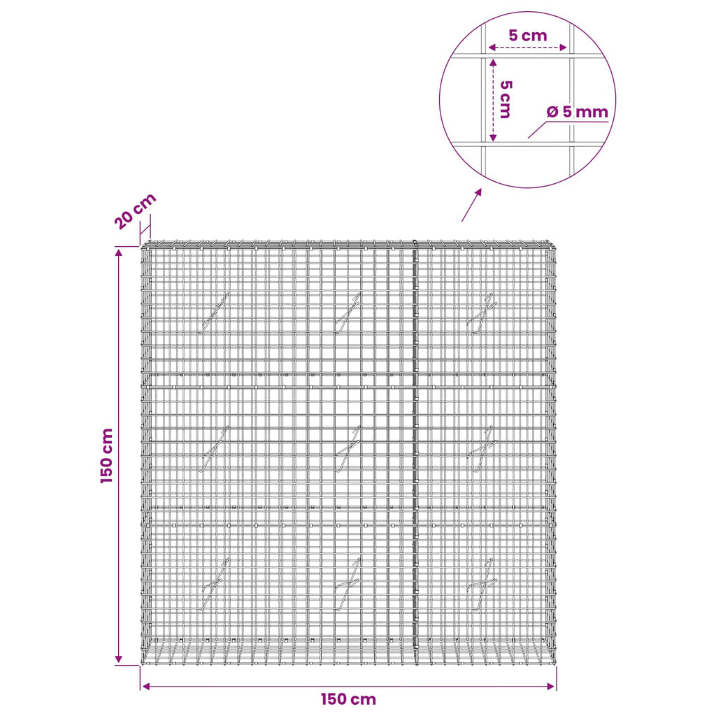 vidaXL Gabion z drutu 5 mm i siatką 5x5 cm 150x20x150 cm