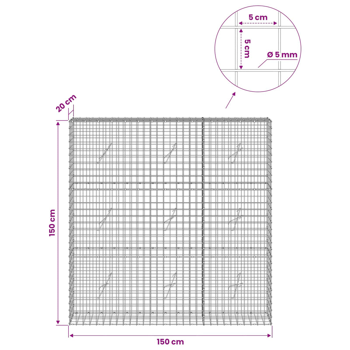vidaXL Gabion z drutu 5 mm i siatką 5x5 cm 150x20x150 cm