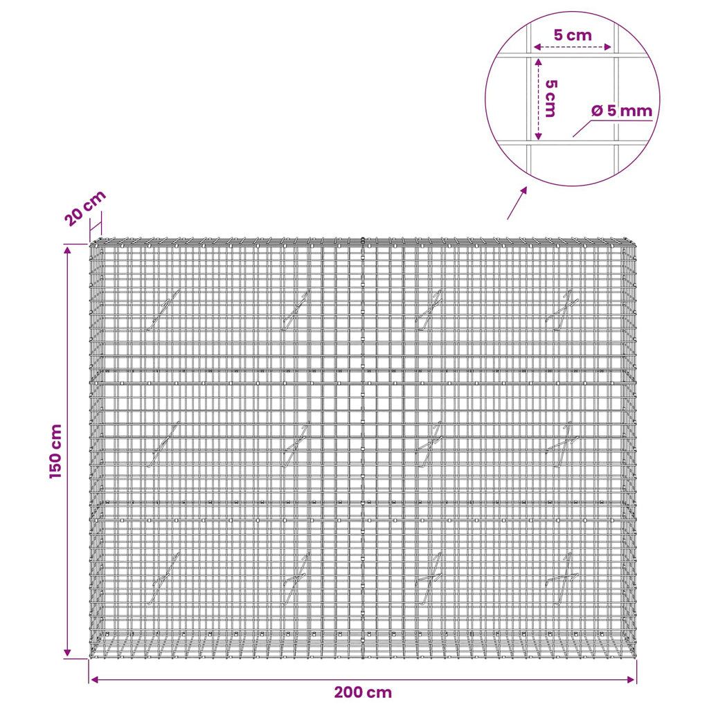 vidaXL Gabion z drutu 5 mm i siatką 5x5 cm 200x20x150 cm