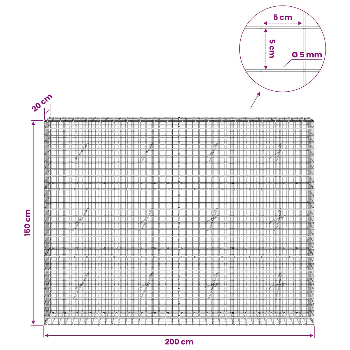 vidaXL Gabion z drutu 5 mm i siatką 5x5 cm 200x20x150 cm