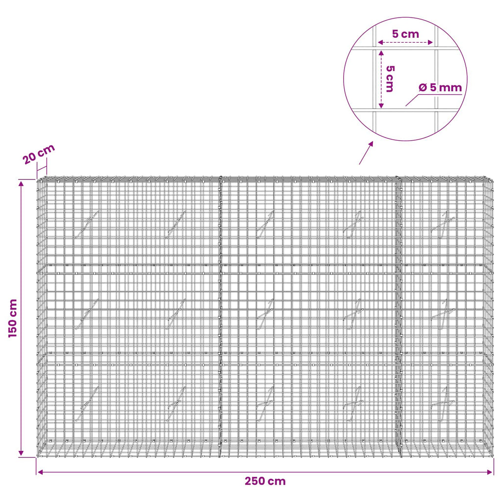 vidaXL Gabion z drutu 5 mm i siatką 5x5 cm 250x20x150 cm