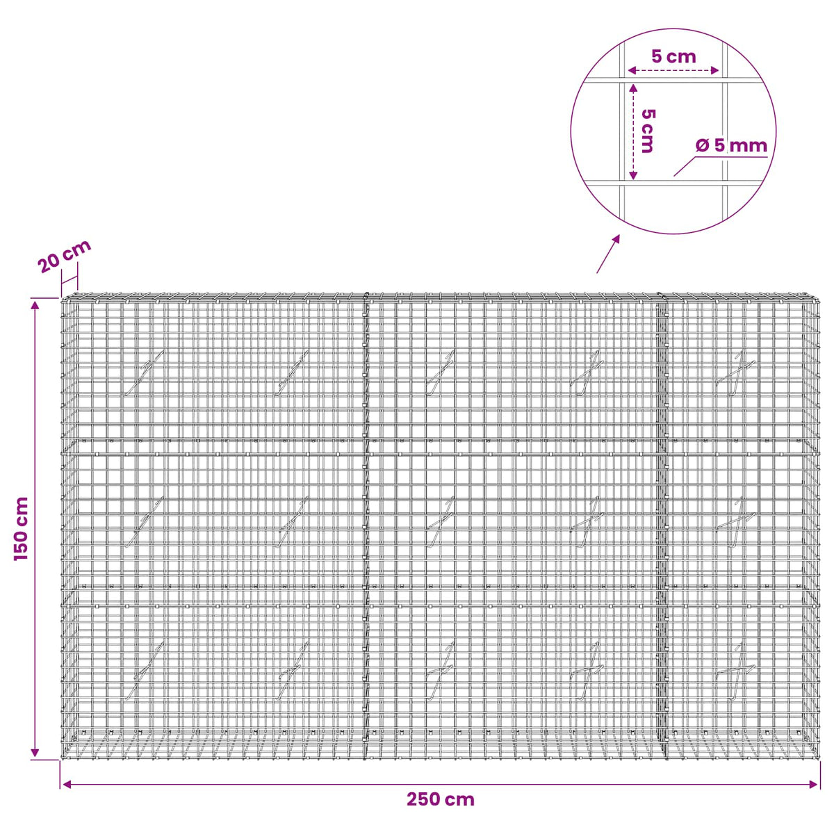 vidaXL Gabion z drutu 5 mm i siatką 5x5 cm 250x20x150 cm