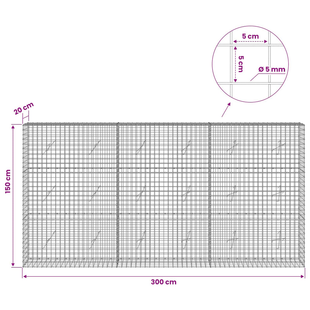 vidaXL Gabion z drutu 5 mm i siatką 5x5 cm 300x20x150 cm