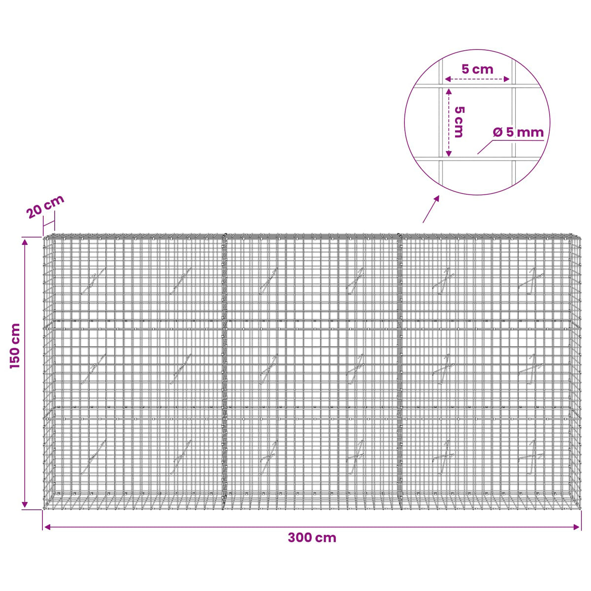 vidaXL Gabion z drutu 5 mm i siatką 5x5 cm 300x20x150 cm