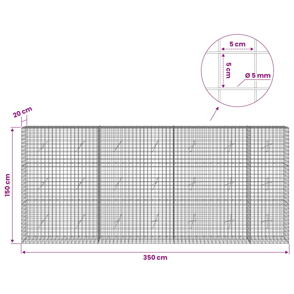 vidaXL Gabion z drutu 5 mm i siatką 5x5 cm 350x20x150 cm