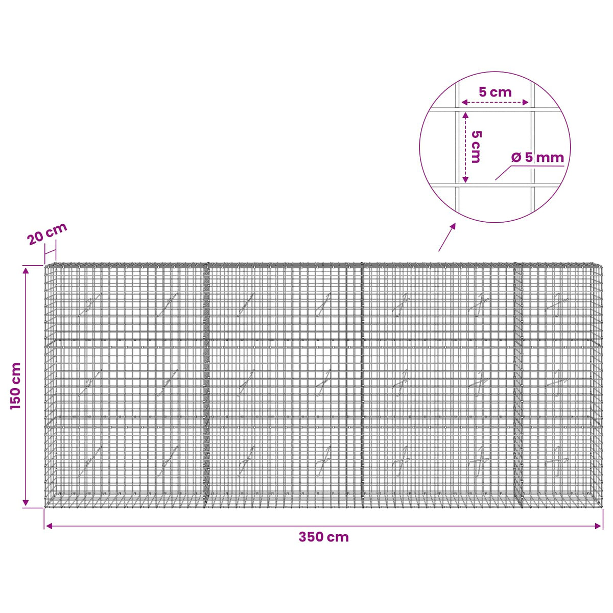 vidaXL Gabion z drutu 5 mm i siatką 5x5 cm 350x20x150 cm
