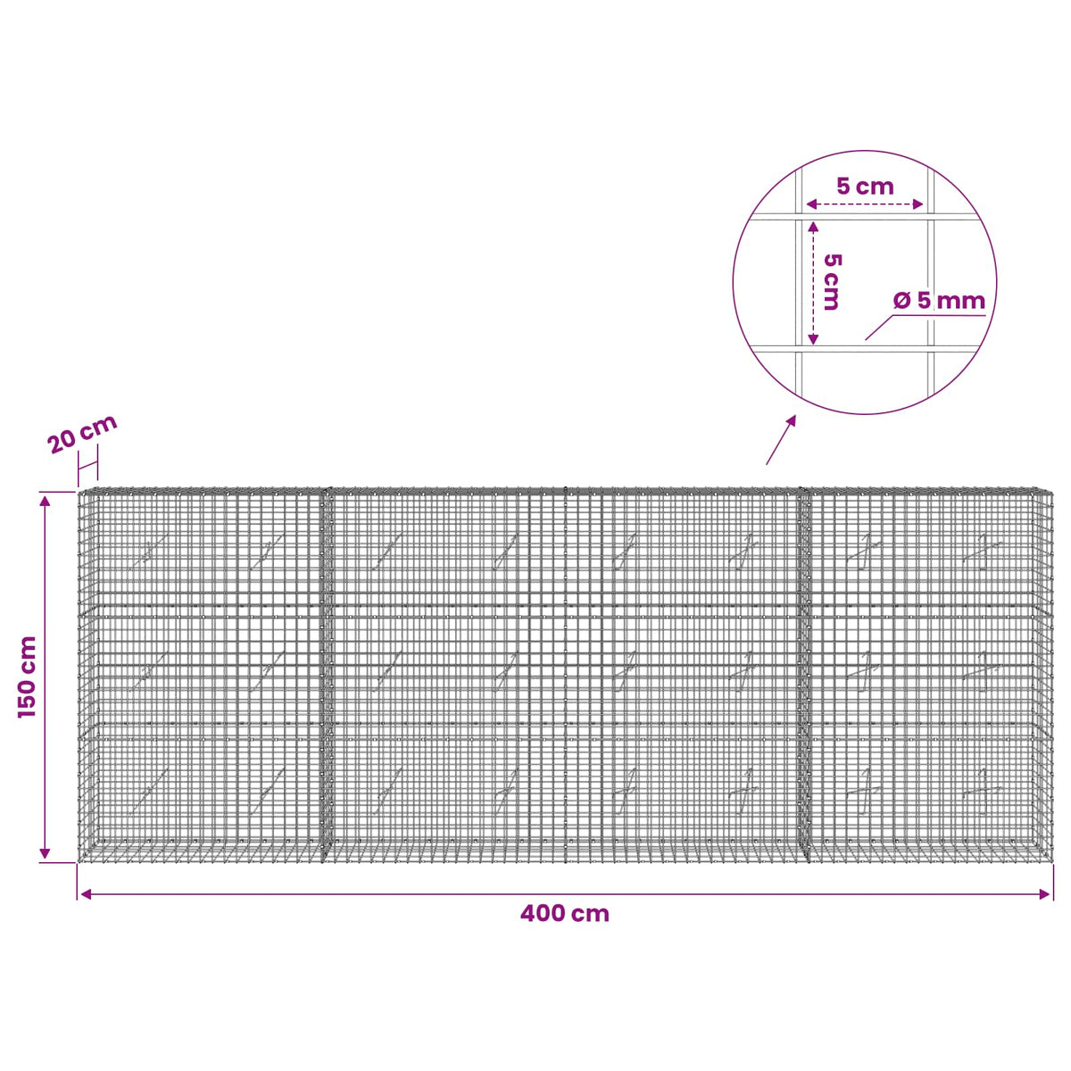 vidaXL Gabion z drutu 5 mm i siatką 5x5 cm 400x20x150 cm