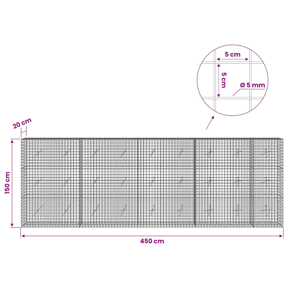 vidaXL Gabion z drutu 5 mm i siatką 5x5 cm 450x20x150 cm