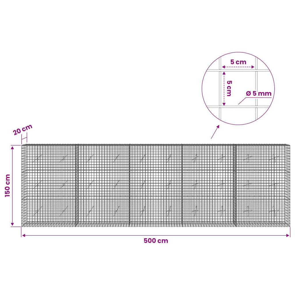 vidaXL Gabion z drutu 5 mm i siatką 5x5 cm 500x20x150 cm