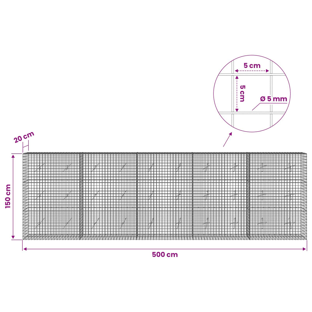 vidaXL Gabion z drutu 5 mm i siatką 5x5 cm 500x20x150 cm