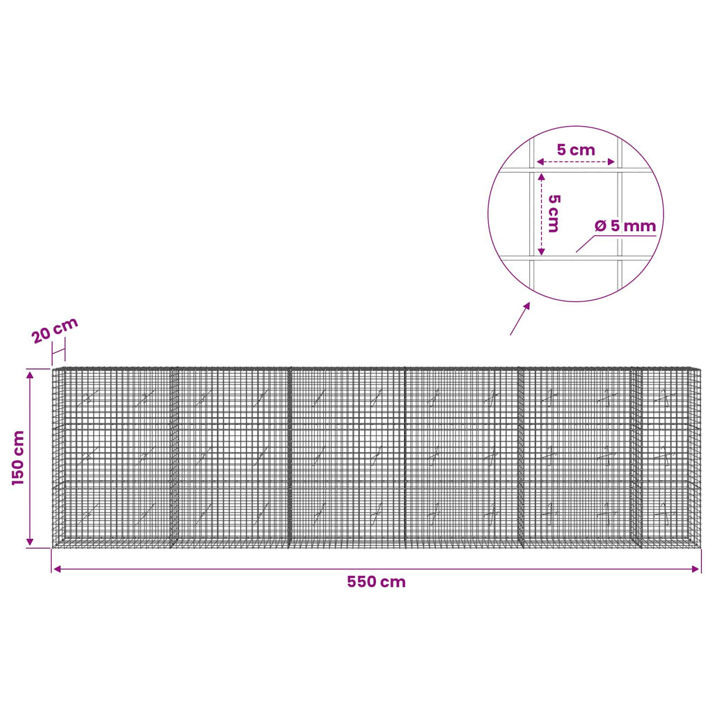 vidaXL Gabion z drutu 5 mm i siatką 5x5 cm 550x20x150 cm