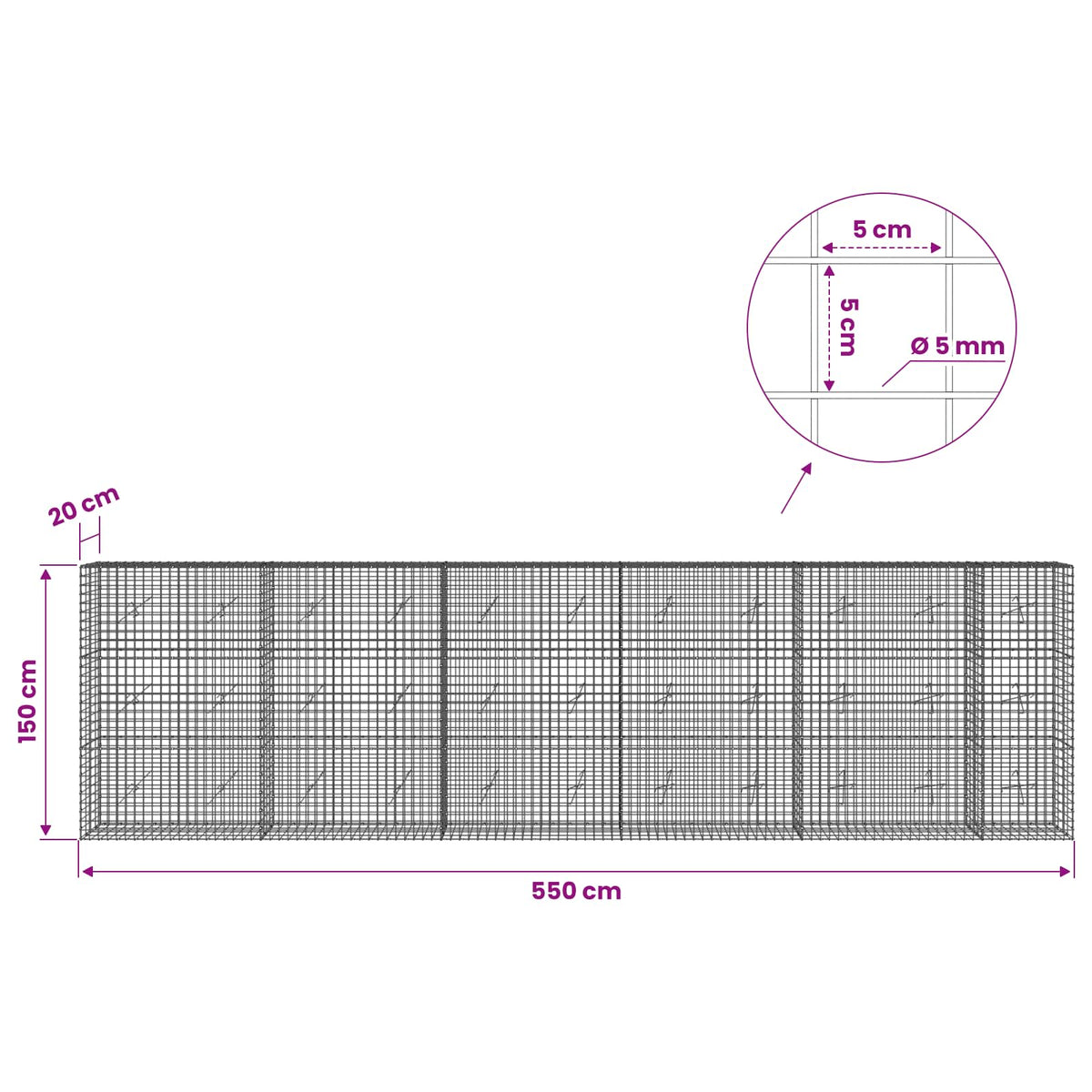 vidaXL Gabion z drutu 5 mm i siatką 5x5 cm 550x20x150 cm